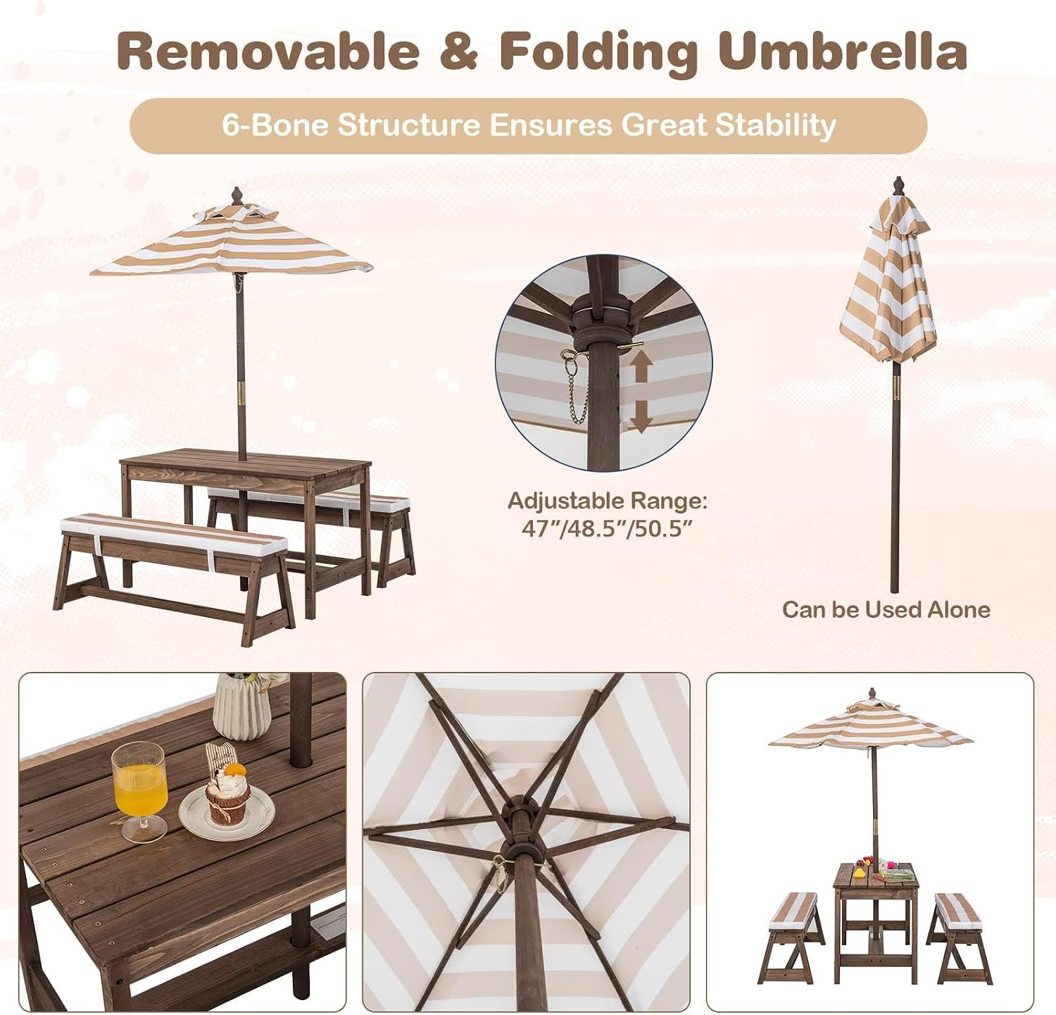 Kids Picnic Table, Outdoor Wooden Table & Bench Set w/Removable Cushions and Umbrella, Stripe Fabric, Children