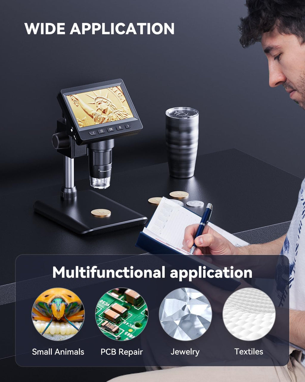 Digital Microscope, Coin Microscope with Light Adjustable Brightness 4.3" HD LCD Screen, 1000X Zoom PC View