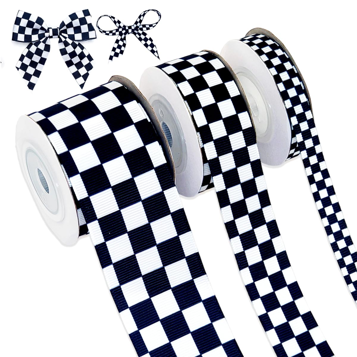3 Roll Black and White Checkered Print Grosgrain Ribbon for Craft