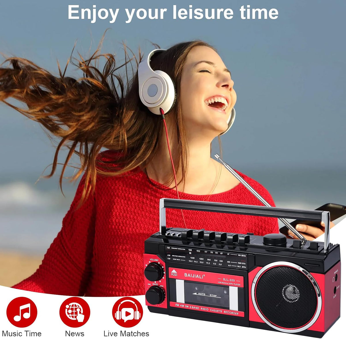 Portable Cassette Player with AM/FM/SW Radio & BT | Boombox for Home and Travel, Record from Radio, Play via SD/USB