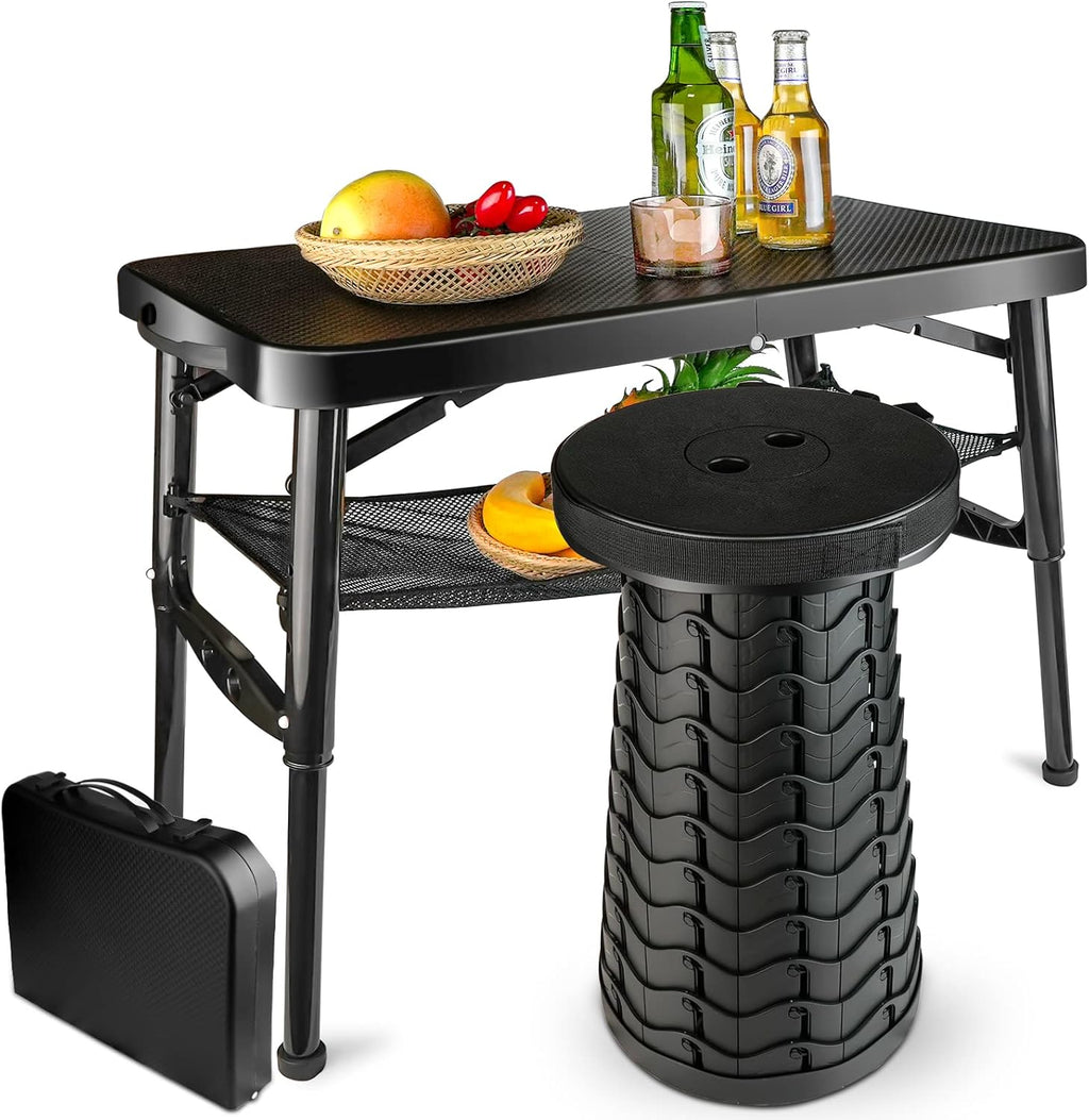 Portable Folding Table and Stool Set, Lightweight Foldable Table & Collapsible Stool for Camping Picnic Beach