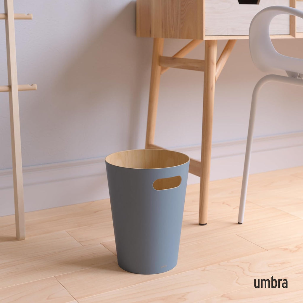 Woodrow Trash Can, Wooden Wastebasket, 2 Gallon, Slate Blue | Beech wood construction, integrated carry handles