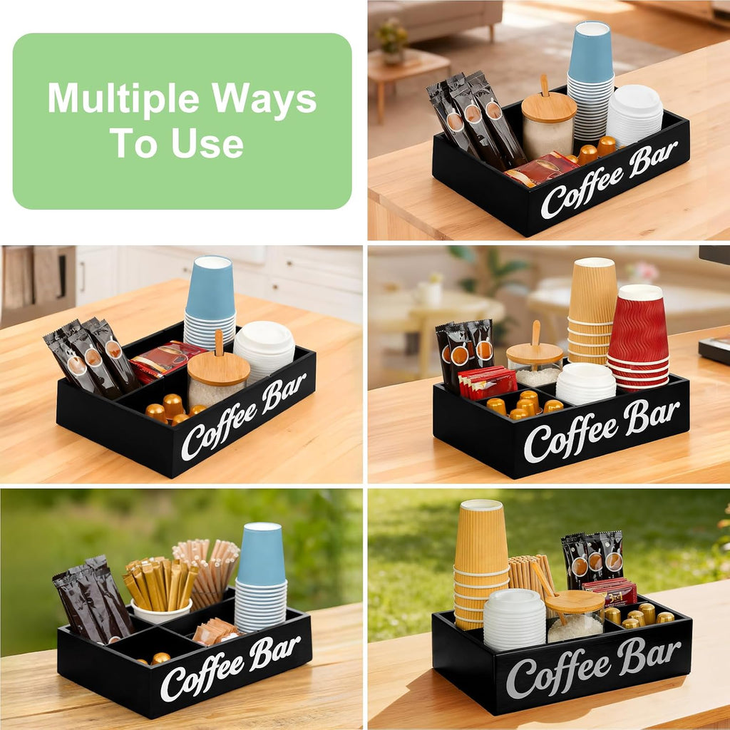 Wood Coffee Station Organizer for Countertop with Removable Dividers