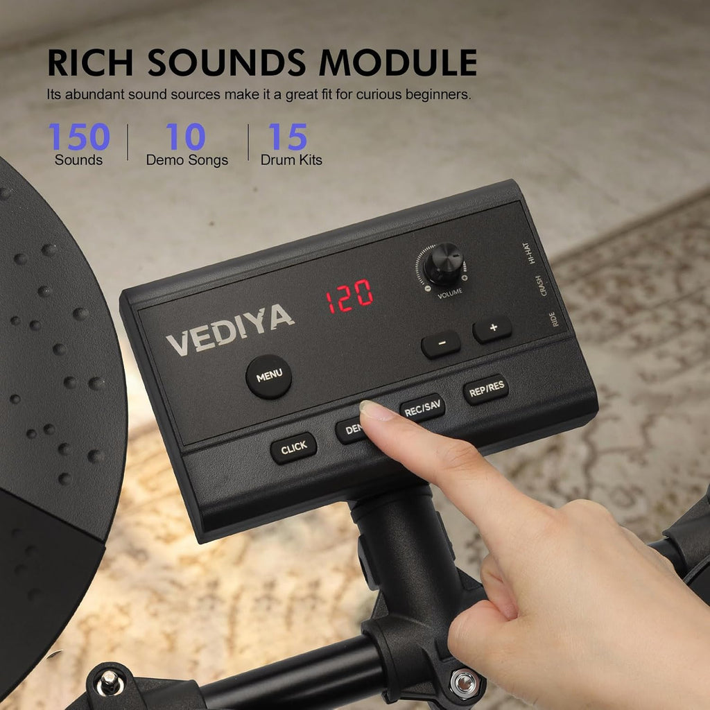 Electric Drum Set for Beginners, All in One, Quiet Mesh Snare Pad Electronic Drum Kit, Silent Drum Pads, 3 Cymbals, 2