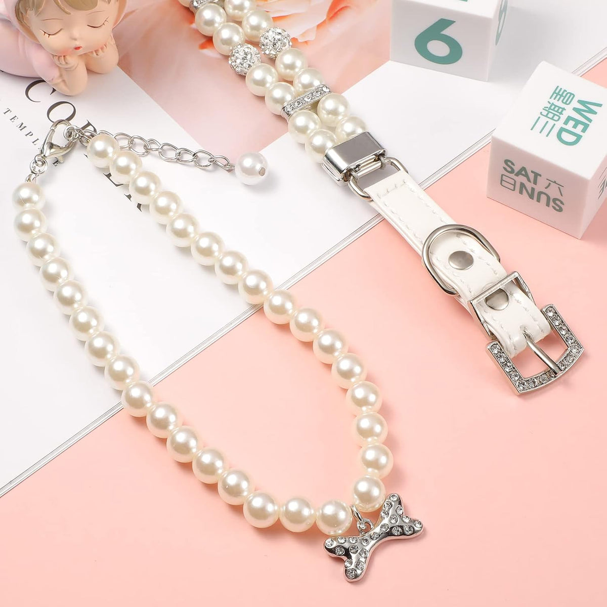 2 Pcs Pet Dog Pearl Collar and Necklace Set, White, S