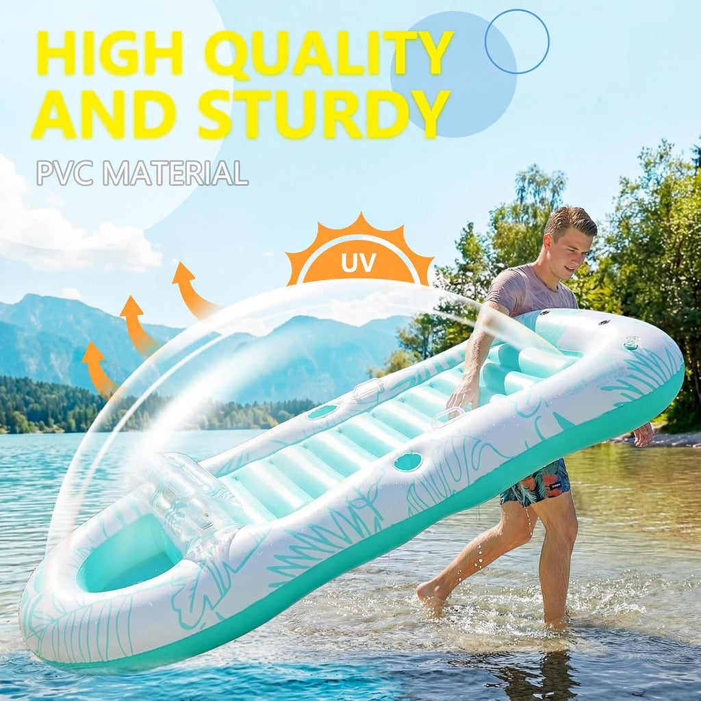 Inflatable Pool Floats Adult, 87"x 47" Large Pool Lounger Float with Storage Cooler for Pets, 2 in 1 Tanning Pool