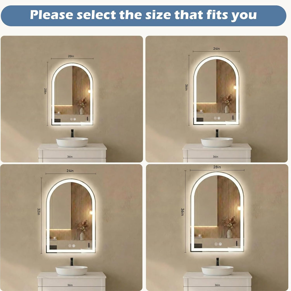 24"x36" LED Bathroom Mirror with Lights, Arched Vanity Mirror | Anti-Fog, Dimmable, 3-Color Light, Memory Function