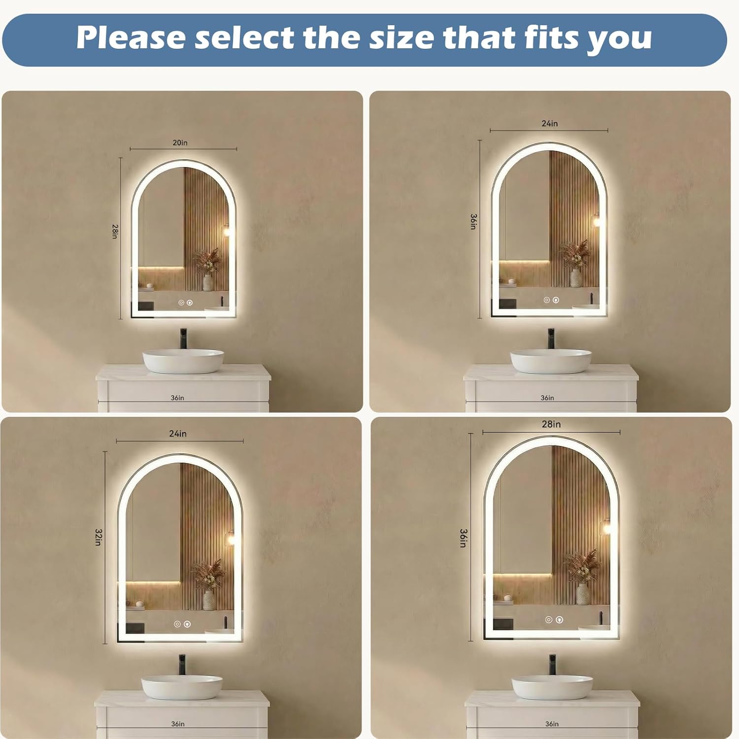 24"x36" LED Bathroom Mirror with Lights, Arched Vanity Mirror | Anti-Fog, Dimmable, 3-Color Light, Memory Function