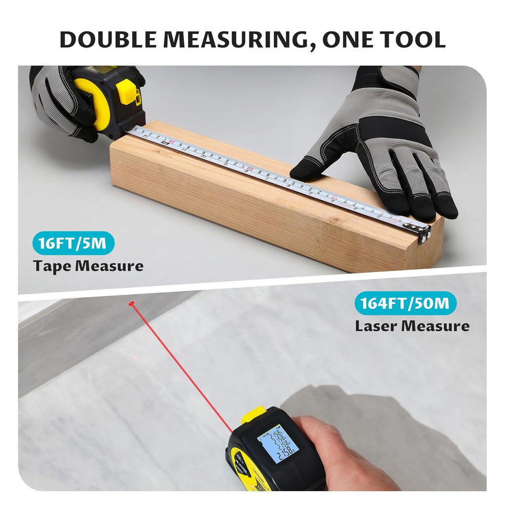 Laser Tape Measure, 164ft Class II Laser Distance Meter (0.49mW Red Laser) and 16ft Manual Tape Measure