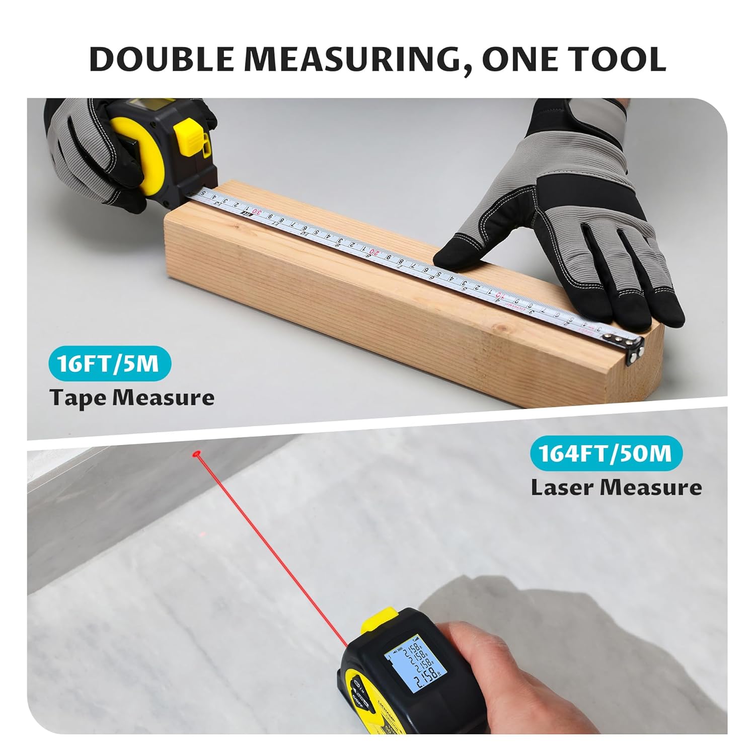 Laser Tape Measure, 164ft Class II Laser Distance Meter (0.49mW Red Laser) and 16ft Manual Tape Measure