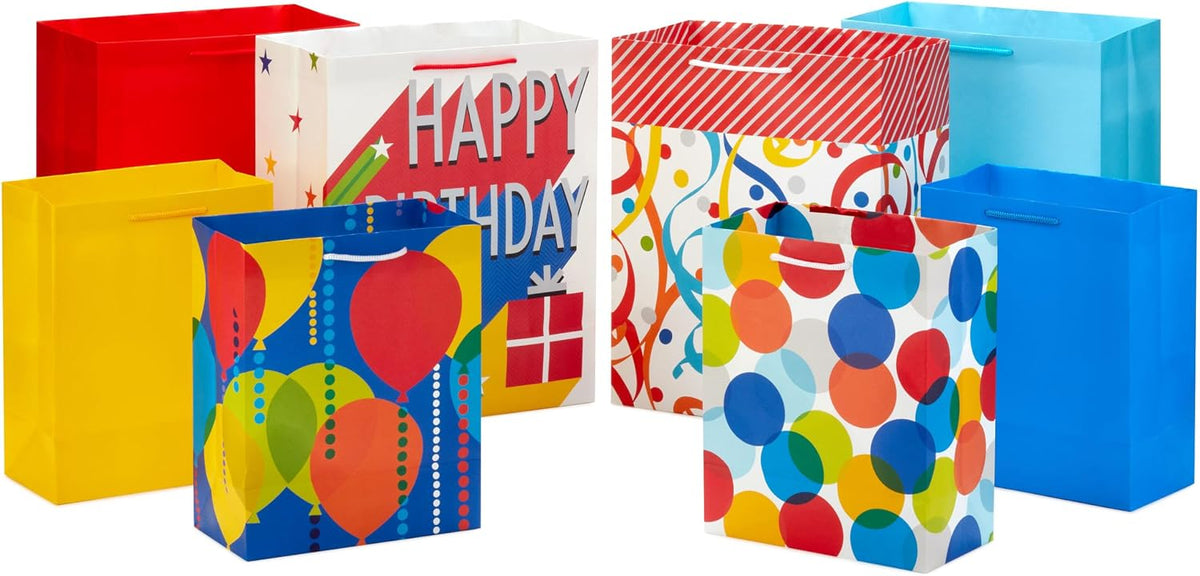 Assorted Birthday Gift Bags, 8-Pack (Balloons, Red, Blue, Yellow)