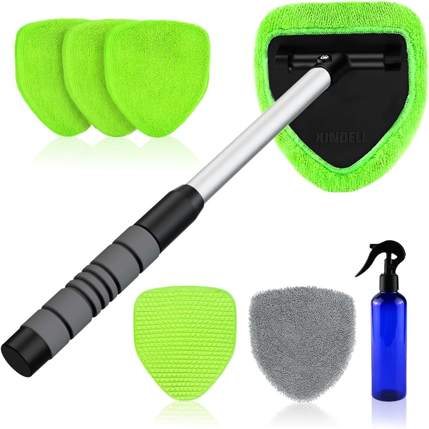 XINDELL Windshield Cleaner Tool – Car Interior Window Cleaning Kit with Extendable Handle & 4 Microfiber Pads, Auto