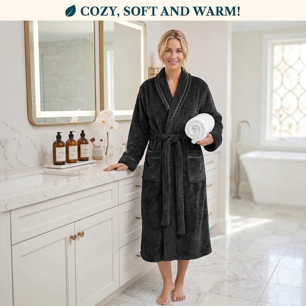 Womens Plush Robe, Soft Fleece Long Spa Bathrobe with Pockets