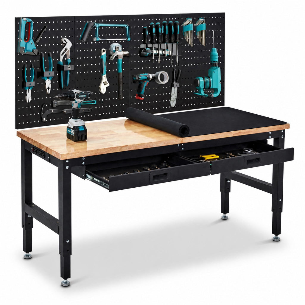 60" Heavy-Duty Garage Workbench with 2 Drawers, Pegboard & Power Outlet
