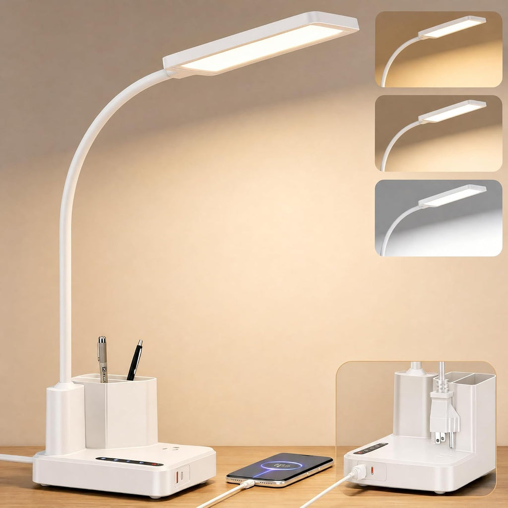 LED Desk Lamp for Dorm USB A/C Charger Pen Holder 3 Light Modes White | 3 Color Modes, 3 Brightness, 360° Gooseneck