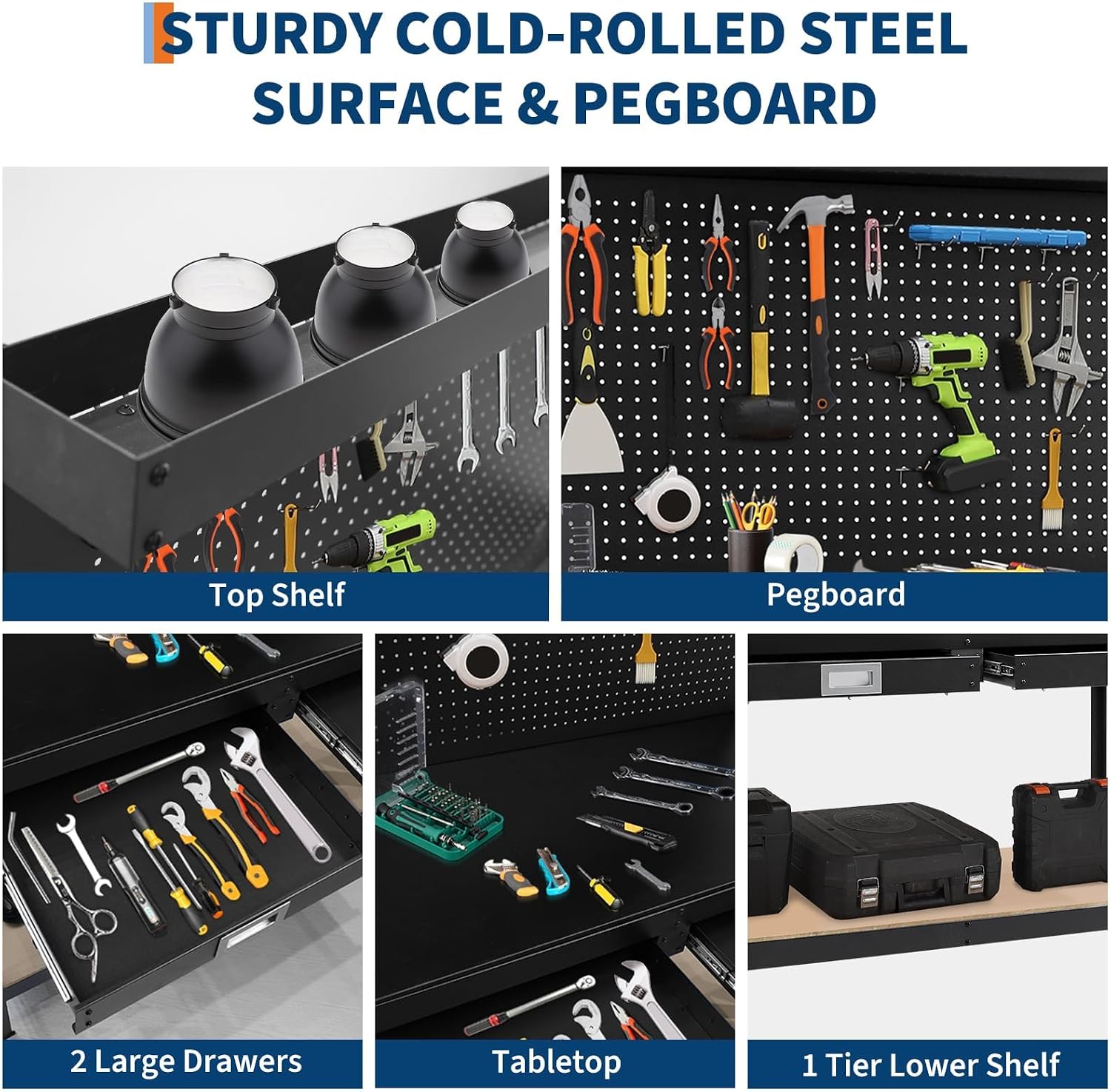 48" 2-Tier Garage Workbench, Heavy-Duty Cold-Rolled Steel Work Table with Back Panel, Lower Storage Shelf, Black Tool