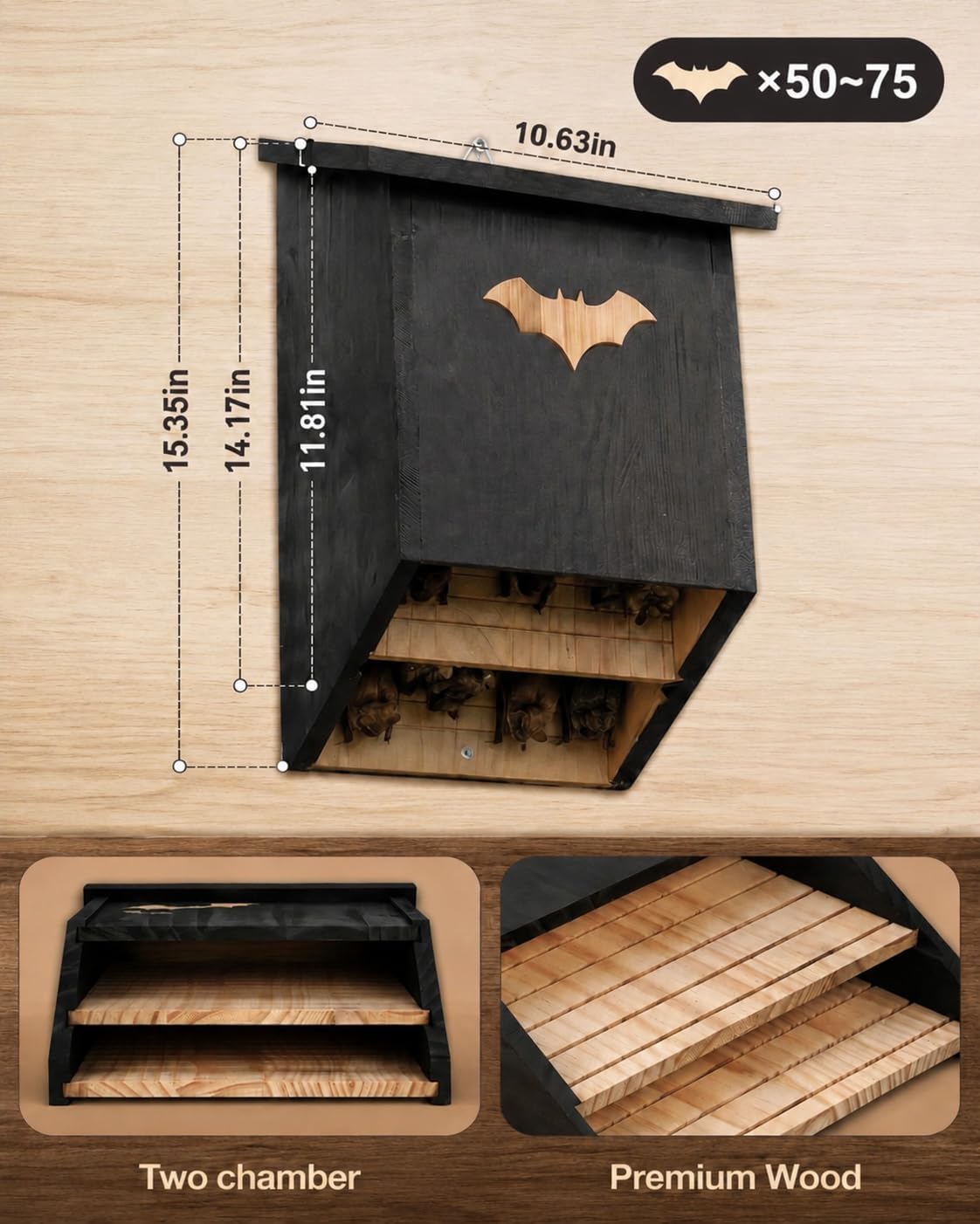 Bat Houses, Weatherproof Two Chamber Bat Box for Outdoors