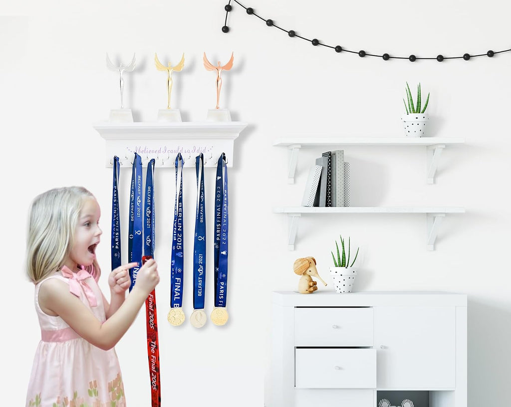 Premium Trophy Shelf and Medal Hanger Featuring Solid Wooden and Sturdy Ribbon Hooks. Wall Mount Medal Holder Display