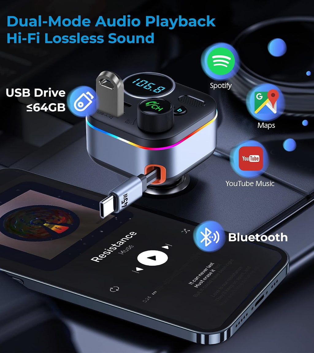 Bluetooth 5.4 FM Transmitter, 72W Car Charger with 45W Retractable USB-C PD | Built-in Cable, Hands-Free Calling