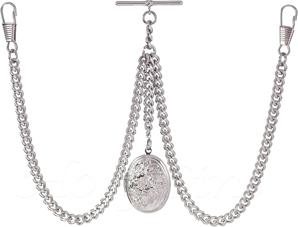 Double Albert Silver Pocket Watch Chain with Floral Locket Pendant – Adjustable Length, Handmade in the UK