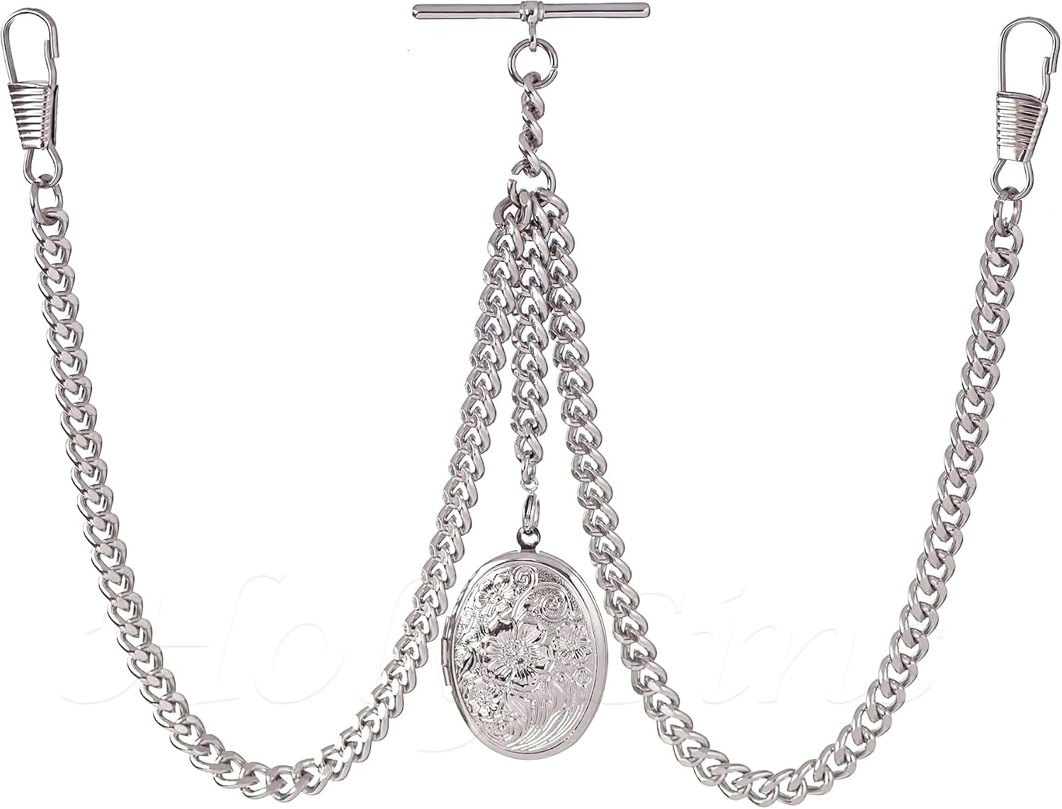 Double Albert Silver Pocket Watch Chain with Floral Locket Pendant – Adjustable Length, Handmade in the UK