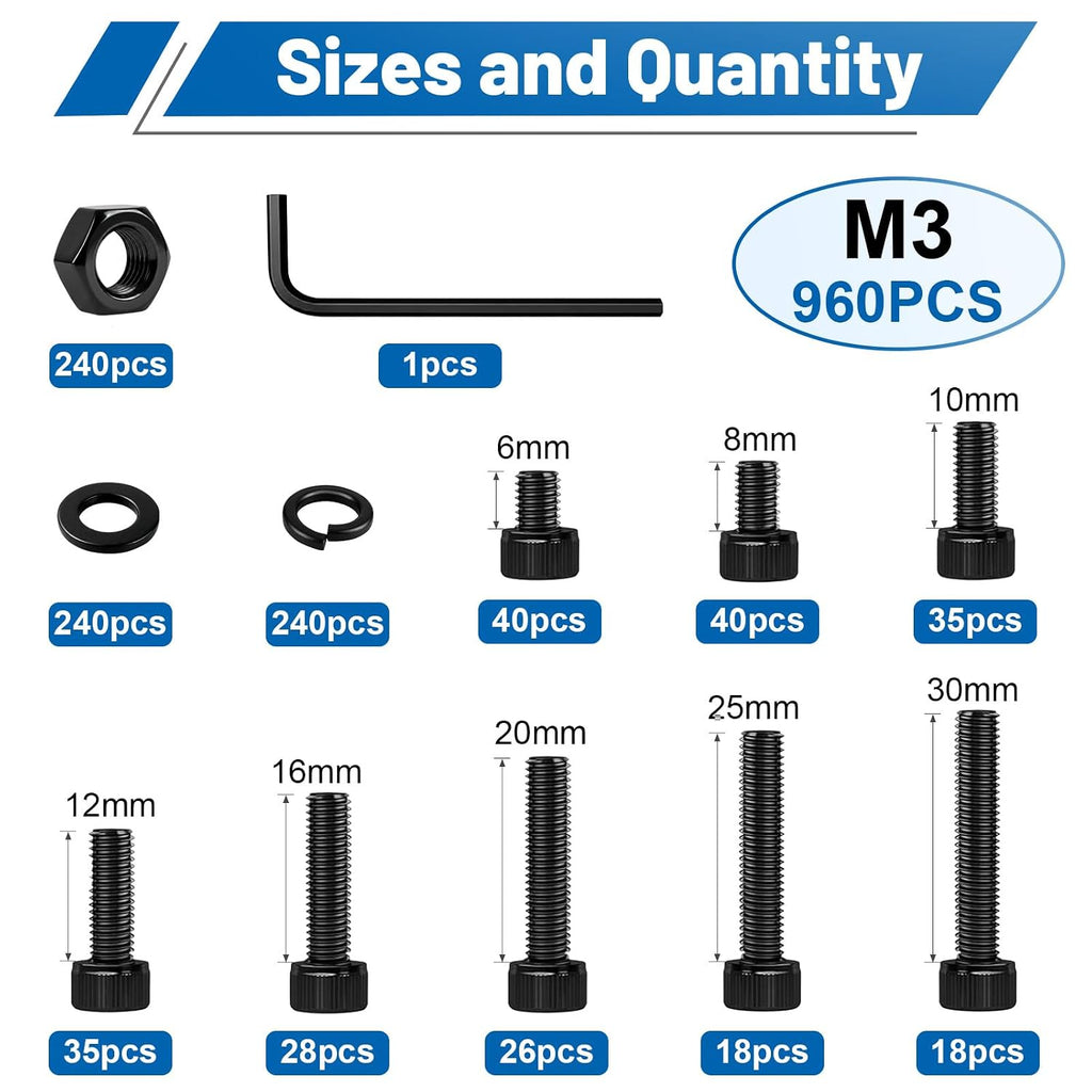 960PCS M3 Hex Socket Bolts Assortment Kit, M3x6/8/10/12/16/20/25/30 mm