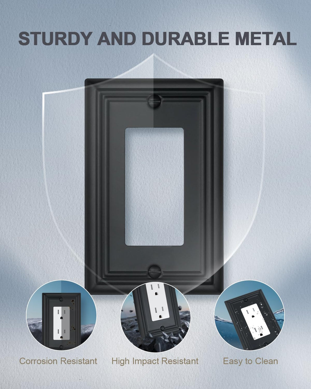 ZILLSEA Switch Plates Outlet Covers, 4-Pack Metal Wall Plates, Black Finish