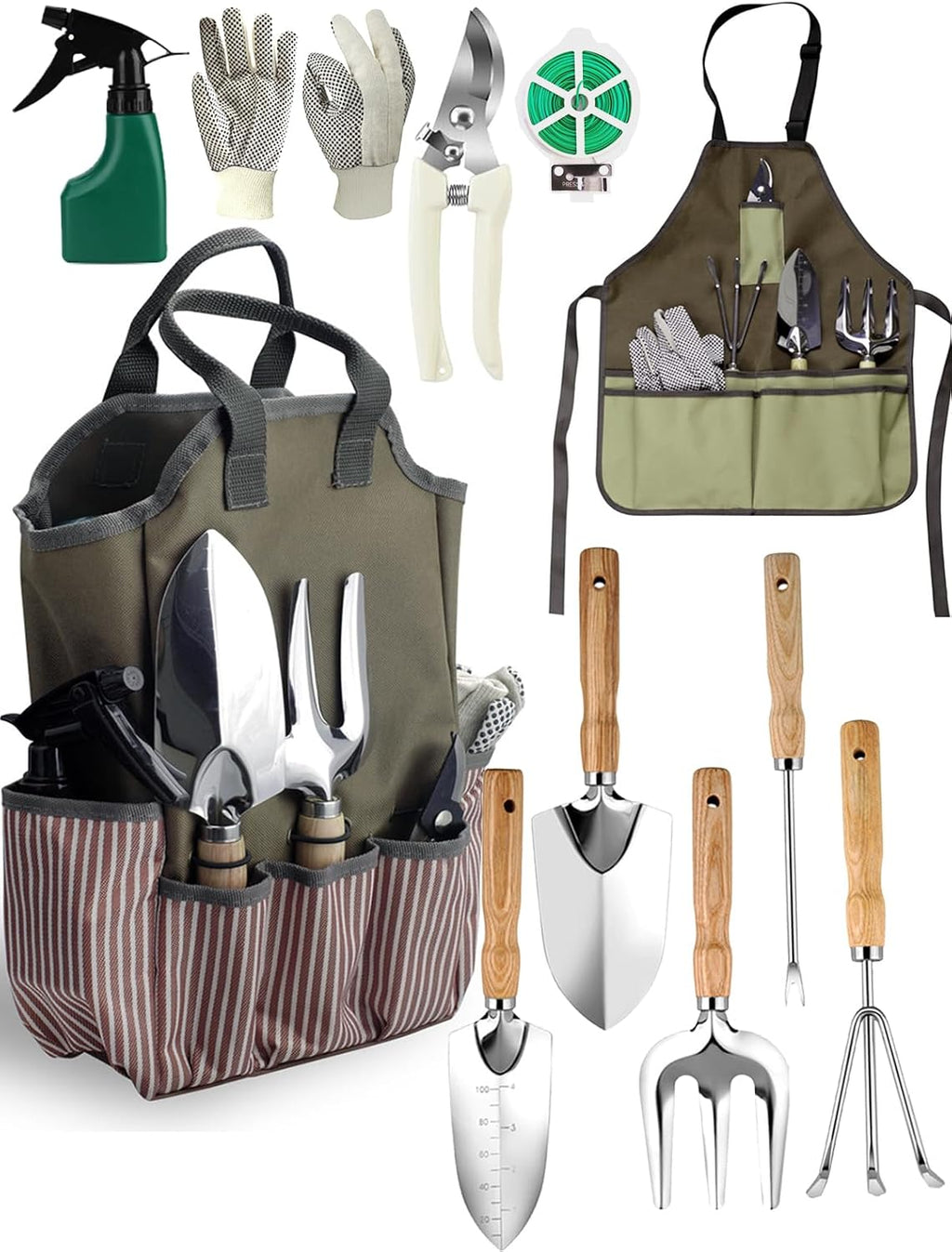 Garden Tools Set – 11-PCs Heavy Duty Gardening Kit, Stainless Steel Tools with Wooden Handles, Canvas Tote Bag