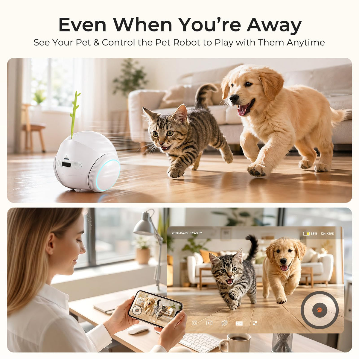 Pet Camera 1080P, Movable Robot Security Camera for Dog Cat