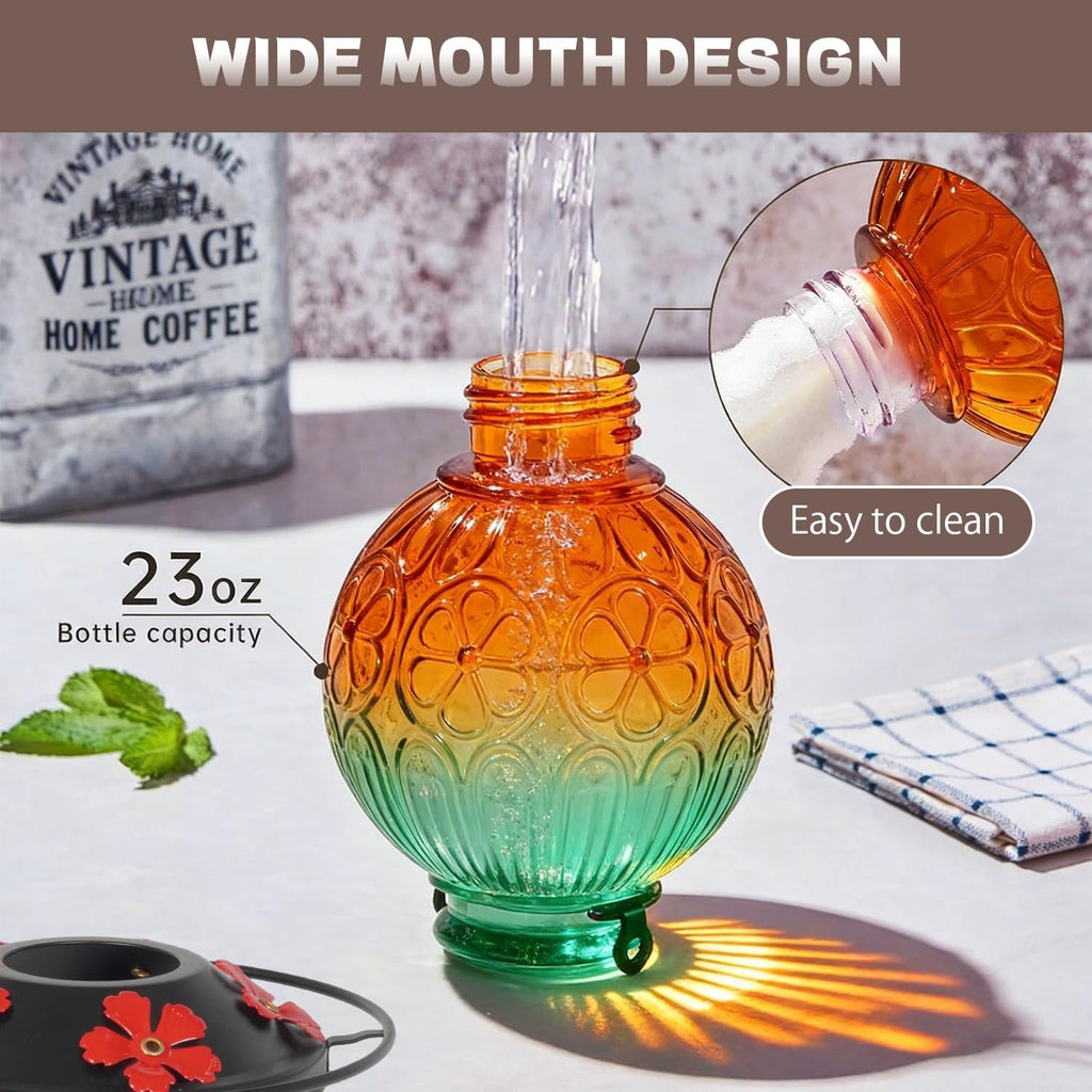 Glass Hummingbird Feeders for Outdoors Hanging, 23Oz Humming Bird Nectar Feeders with Perch, 5 Flower Feeding Ports