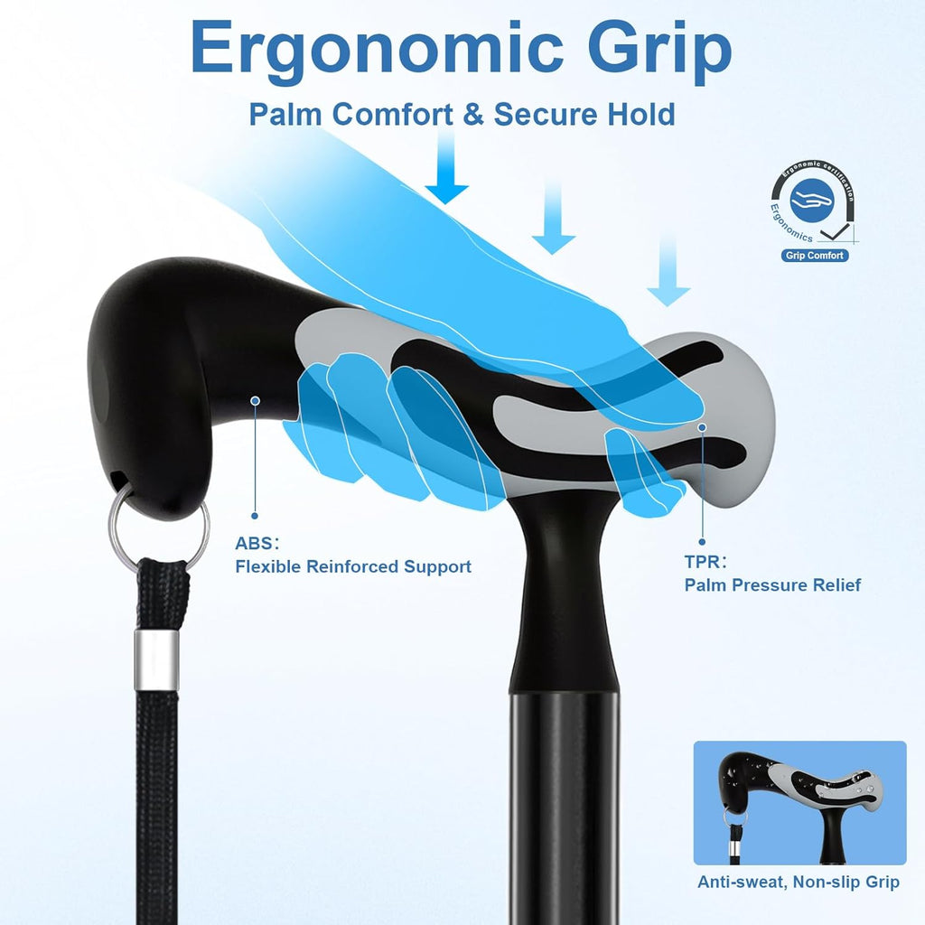 Walking Cane for Men Women Stability, Free Standing Foldable Cane, Ergonomic Handle Pivoting Quad Base, Heavy Duty