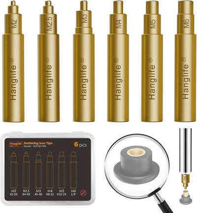 HANGLIFE Heat-Set Insert Tips for Threaded Inserts M2 M2.5 M3 M4 M5 M6, Soldering Iron Tips Compatible with Weller SP40NUS/Hakko FX-888D/900M/T18 Irons- Press Tool for Plastic 3D Printer Components