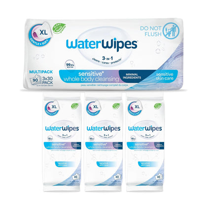 Sensitive Whole Body Cleansing Wipes, 99.9% Purified Water, XL Textured Wipes, Incontinence Care, Fragrance Free, 90