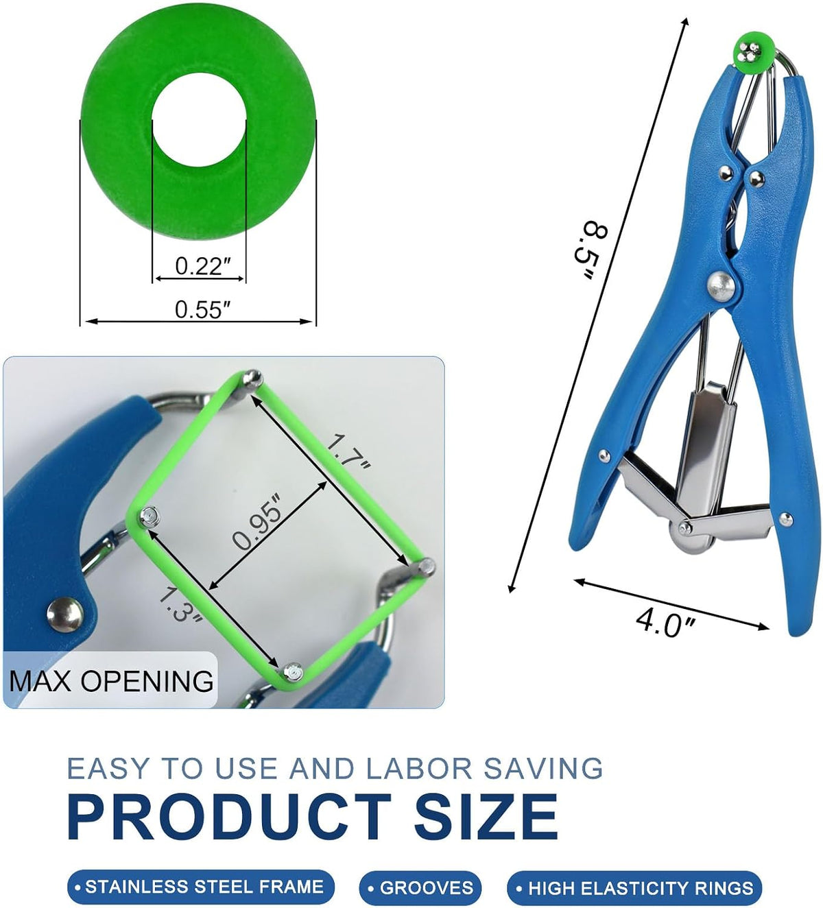 Goat Banding Tools, Including 1pc Stainless Steel Bander and Green and Orange Total 100pcs Banding Rings, Expander