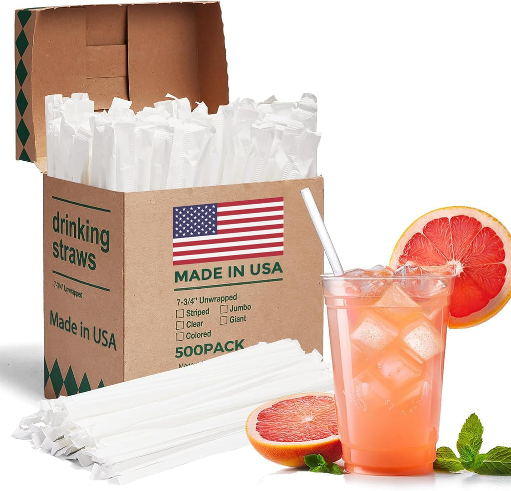 Glotoch 500PCS Individually Wrapped Clear Plastic Straws, 7.75'' Long
