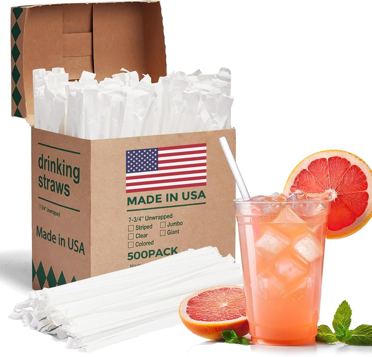 Glotoch 500PCS Individually Wrapped Clear Plastic Straws, 7.75'' Long
