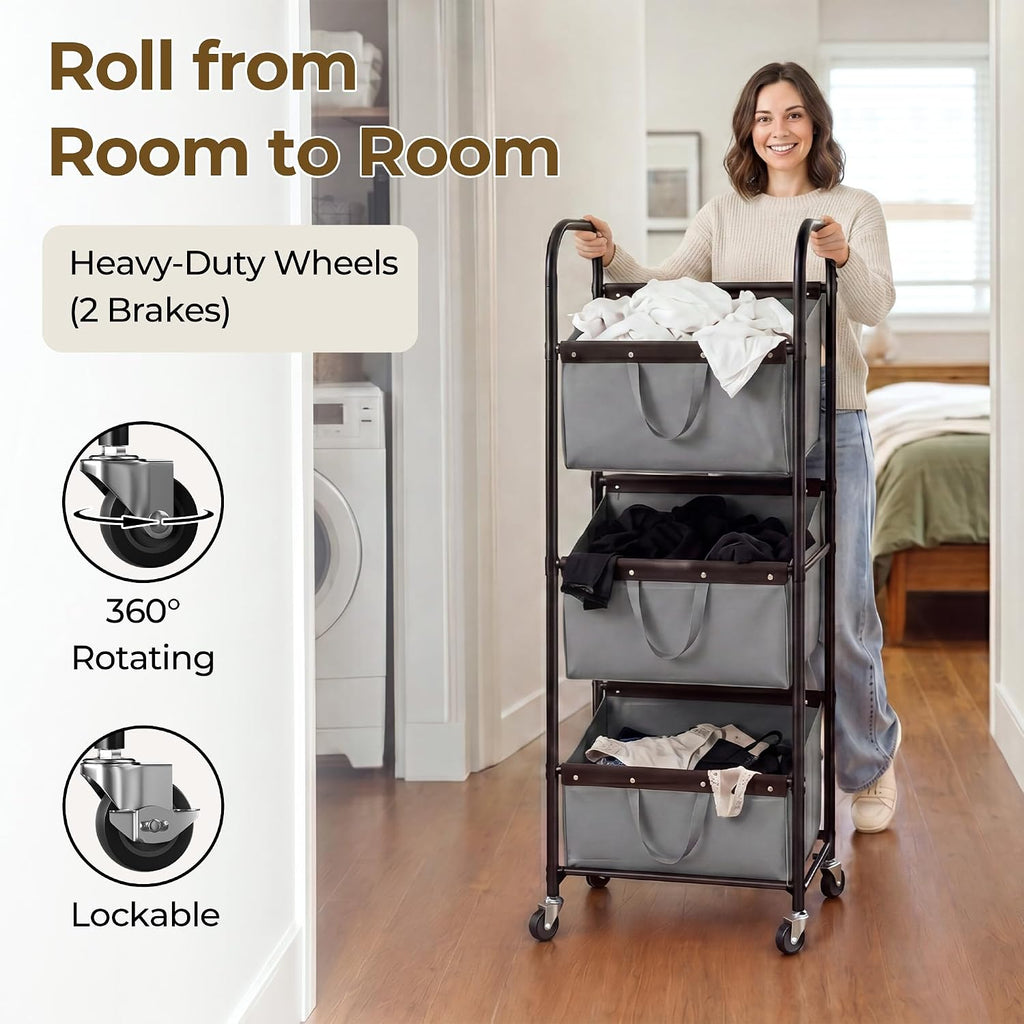 3 Tiered Laundry Sorter, Narrow Hamper Cart with Wheels | Sturdy 3 Section Laundry Basket with Wheels, Vertical Grey