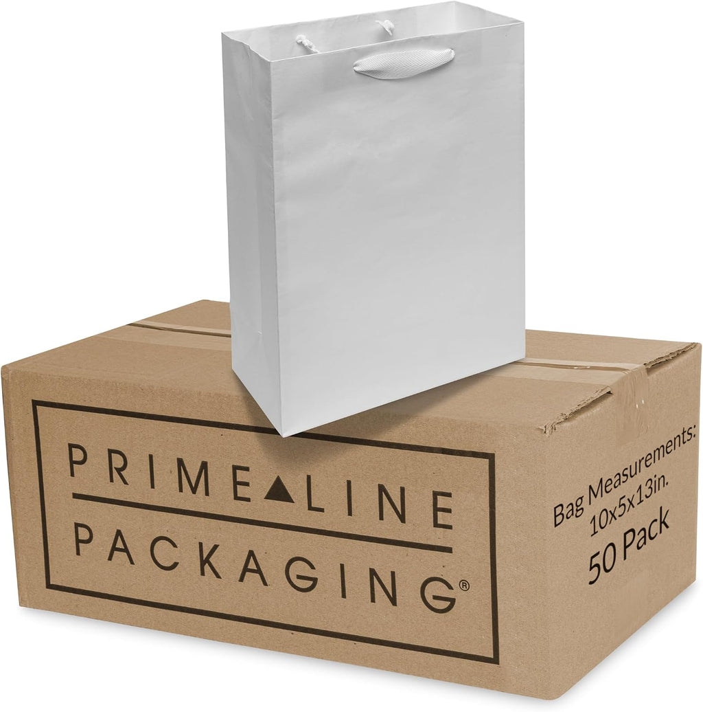 White Paper Bags with Handles, 10x5x13 Inch, 50 Pack