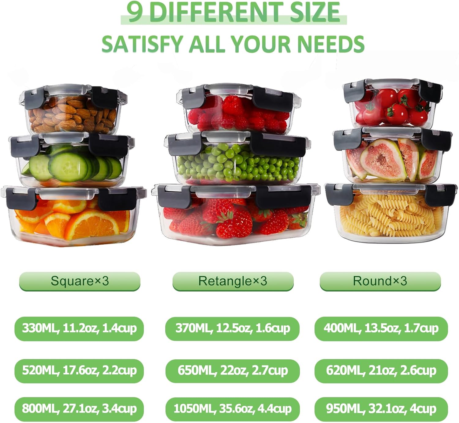 18 Piece Glass Food Storage Containers with Lids, Glass Meal Prep Containers, Airtight Lunch Bento Boxes, BPA-Free &