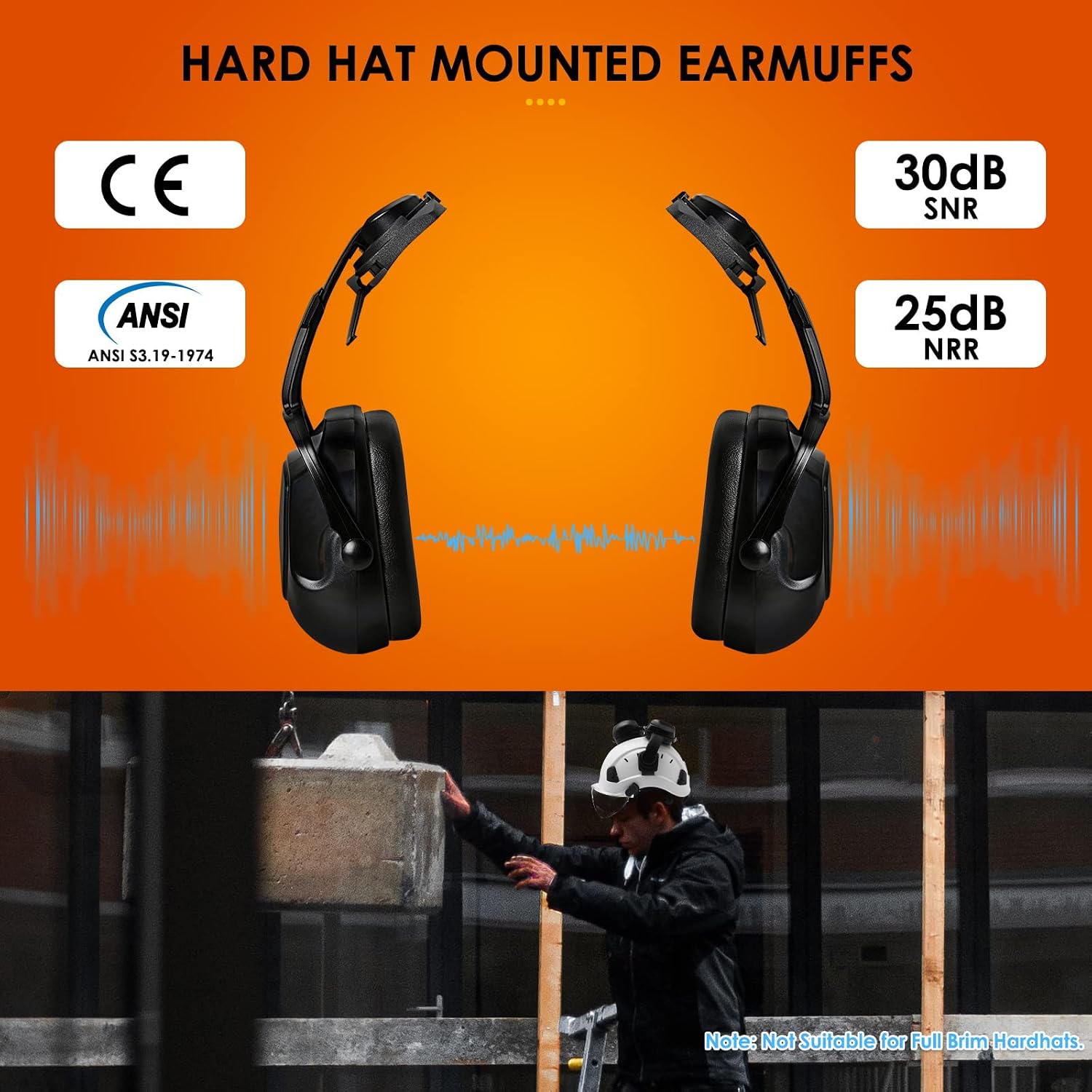 Hearing Protection Noise Cancelling Ear Muffs for Hard Hat | SNR 30dB,NRR 25dB Earmuffs Mount For Slotted Safety Work
