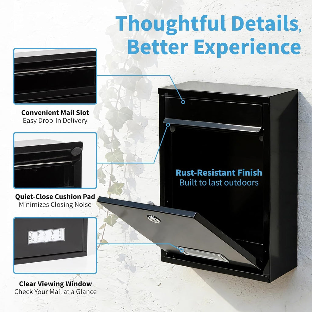 Lockable Wall Mount Mailbox Black 12.6 x 8.5 x 3.3 Inches | Galvanized Steel Waterproof Secure Medium Capacity Mail