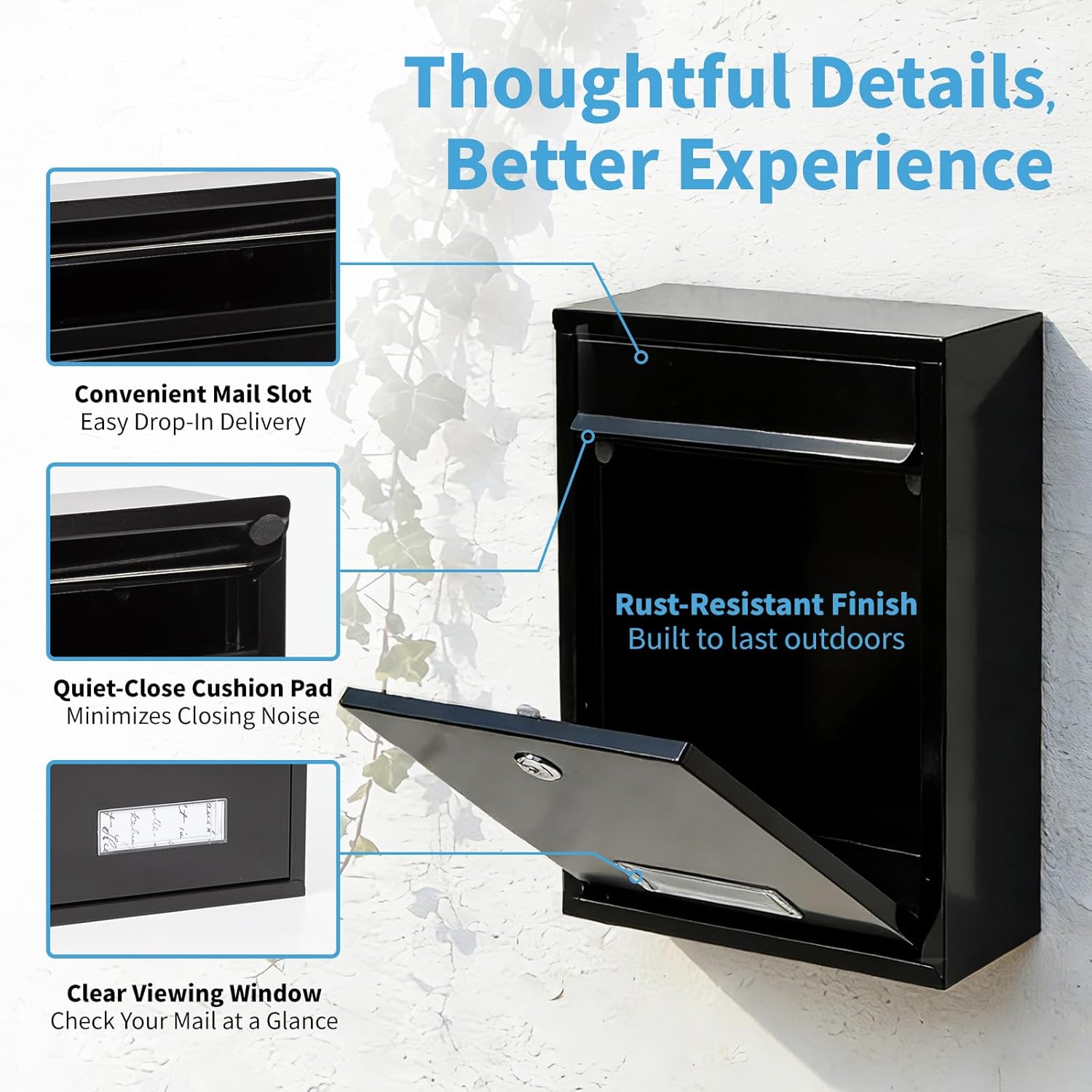 Lockable Wall Mount Mailbox Black 12.6 x 8.5 x 3.3 Inches | Galvanized Steel Waterproof Secure Medium Capacity Mail