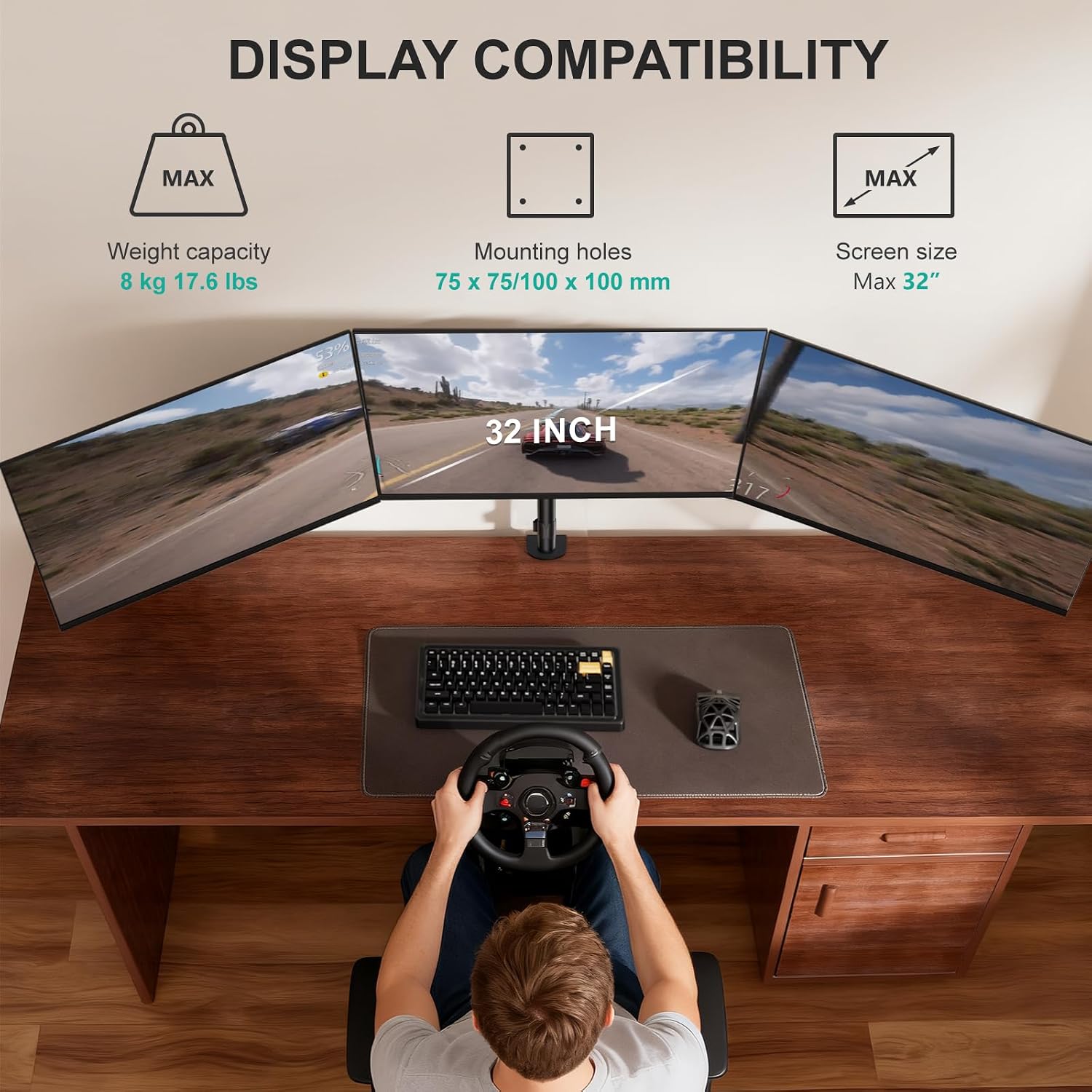 Triple Monitor Mount for 13-32 inch Screens, up to 17.6 lbs per Arm | Adjustable 3 Monitor Desk Mount with Swivel