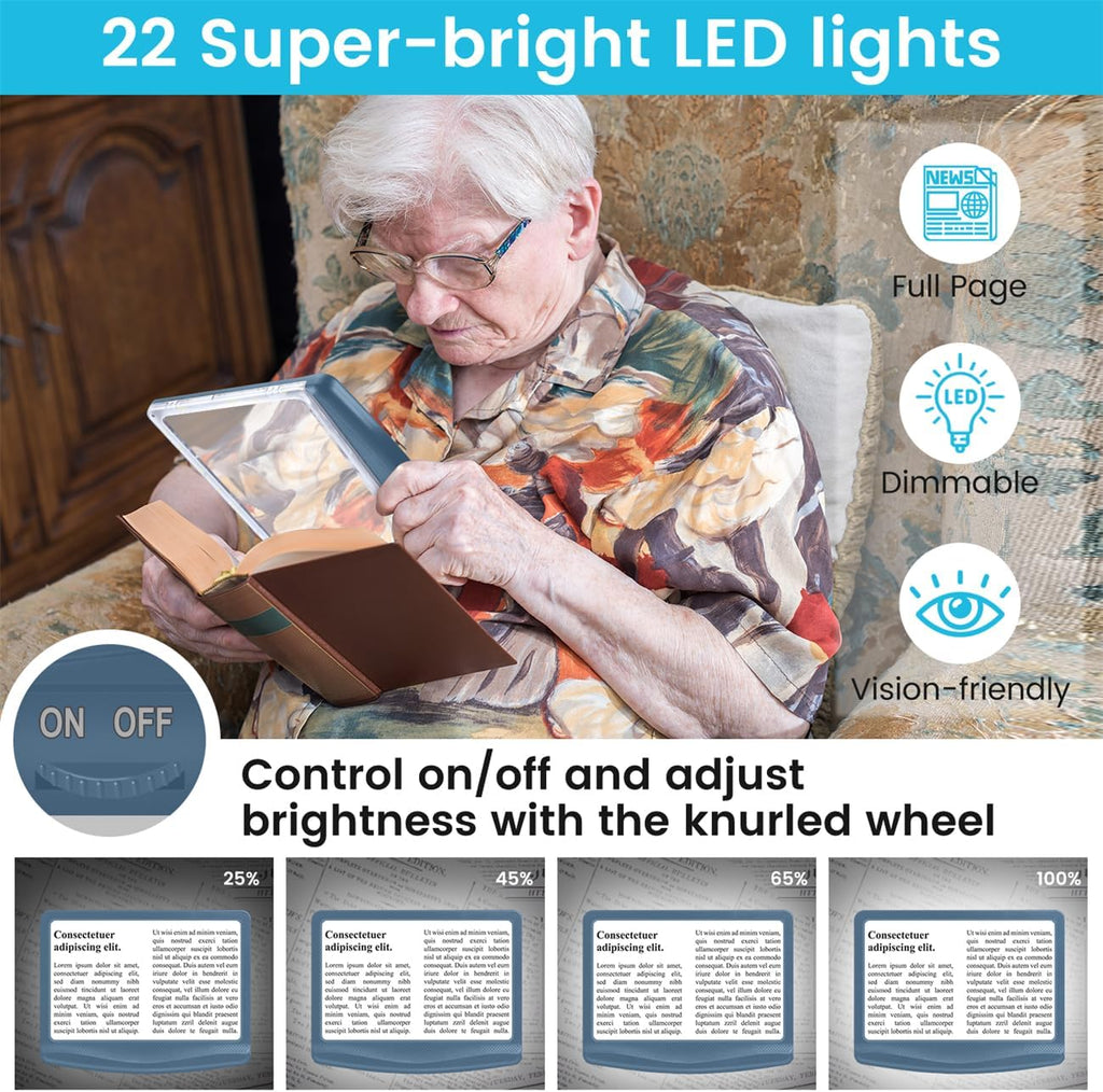 Rechargeable 5X Magnifying Glass for Reading, Large Bright Full Page Magnifier with Light, Handheld LED Dimmable