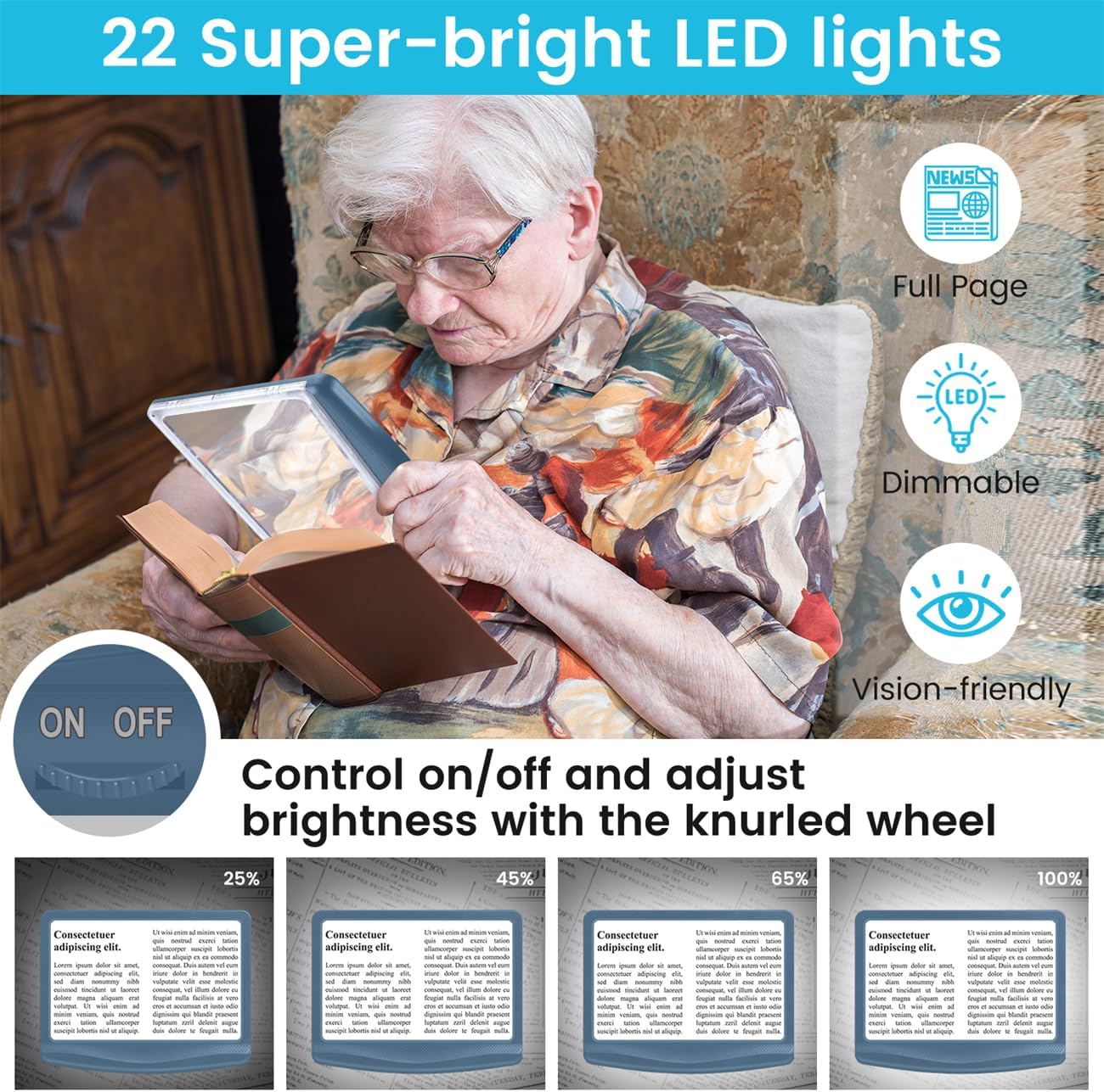 Rechargeable 5X Magnifying Glass for Reading, Large Bright Full Page Magnifier with Light, Handheld LED Dimmable