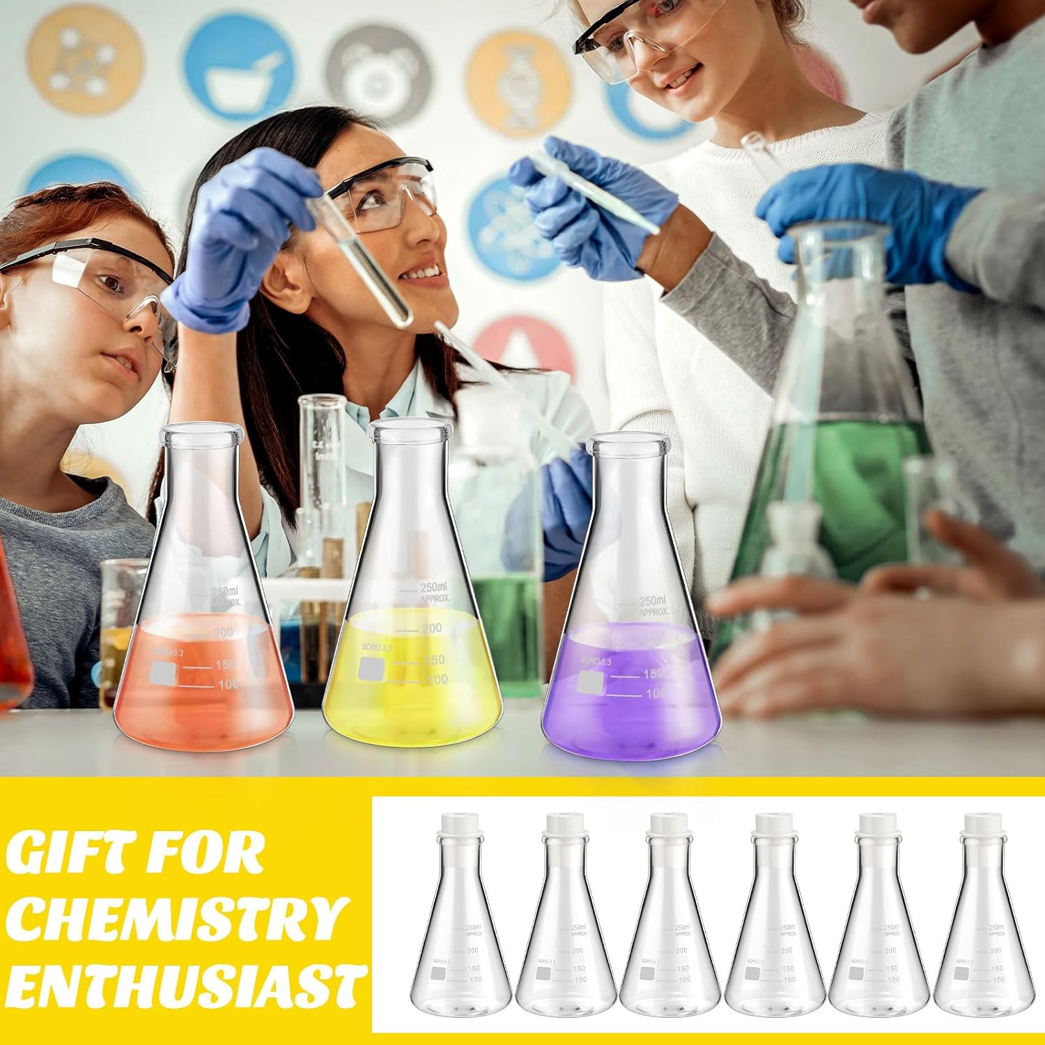 25 Pcs Chemistry Flask Glasses, 6 Set 8.5 Oz,Lab Flask | Science Beaker Mugs with Graduated Marks, Clear Tumblers