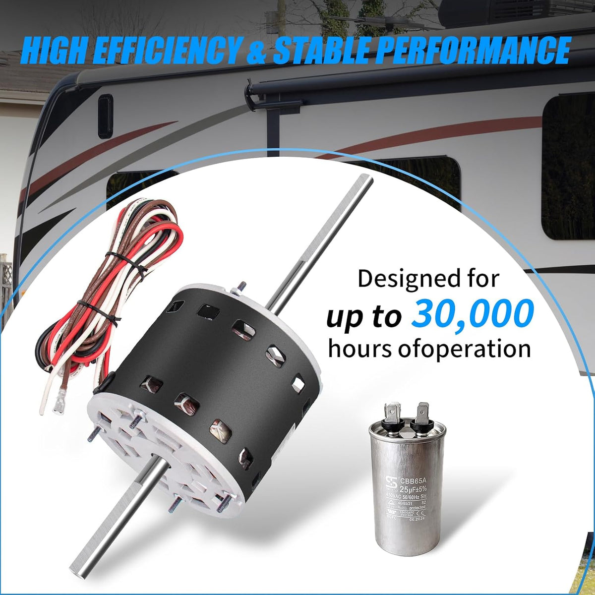 RV AC Fan Motor with Capacitor, Replacement for Fasco D1092