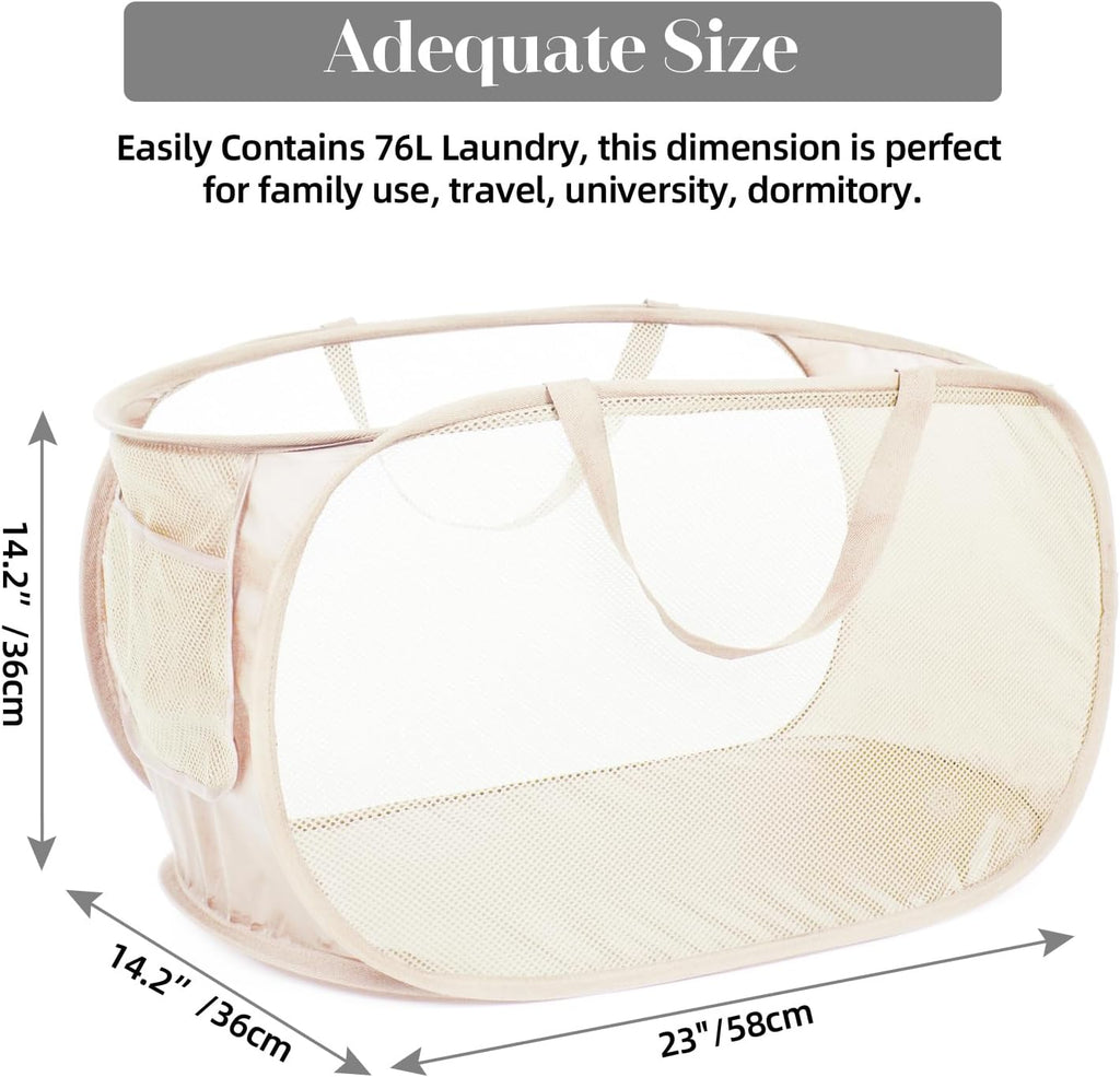 Durable Collapsible Laundry Baskets, Mesh Pop Up Laundry Hamper with Side Pocket, Foldable Clothes Hamper with