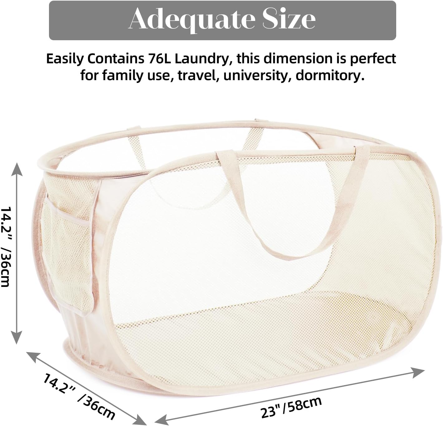 Durable Collapsible Laundry Baskets, Mesh Pop Up Laundry Hamper with Side Pocket, Foldable Clothes Hamper with