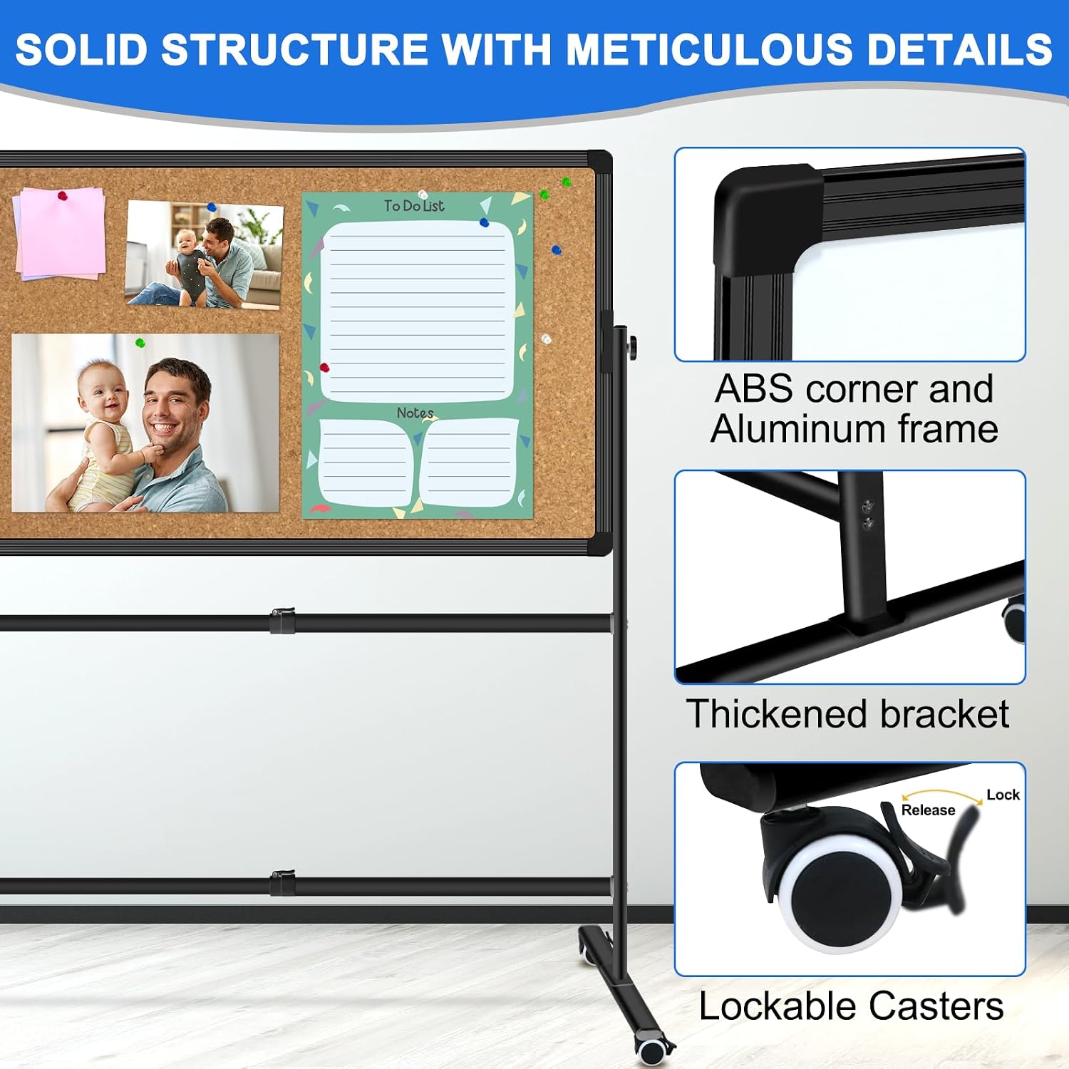 36"x24" Double-Sided Mobile Whiteboard and Cork Boards with Stand Adjustable Height and Angle Rolling Magnetic Dry